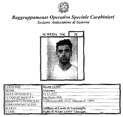 la scheda del giovane MARCIANO' Vincenzo (già arrestato dalla Calabria)