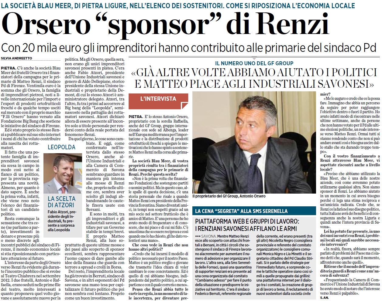Pietra Ligure Orsero sponsor di Renzi la societ Blau Meer nell elenco dei sostenitori